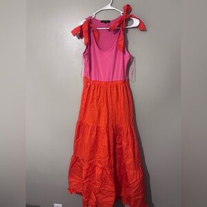Pink and Orange Sleeveless Maxi Dress with Pockets & Bow Straps. medium